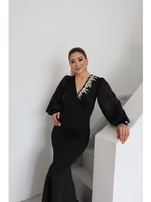 Vogen Taş Detaylı Abiye Elbise Siyah