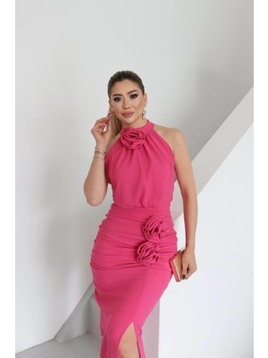 Molis Gül Detaylı Abiye Elbise Pembe
