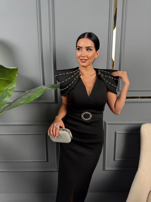 Gliter Taş Detaylı Tasarım Elbise Siyah