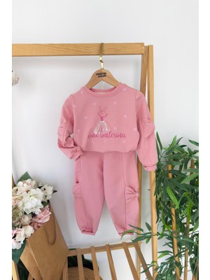 Miniğimin Cicileri Cute Balerina Desenki Fiyonk Detaylı Kız Çocuk 2 li takım - Gül Kurusu