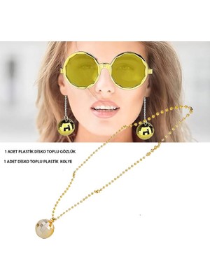 Pandoli Altın Renk 80S 90S Retro Plastik Disko Toplu Gözlük ve Plastik Disko Kolye Set Hawai