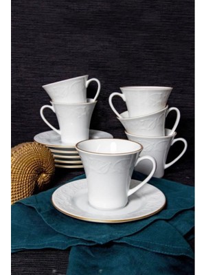 Beyaz Güral Bahar Dalı Türk Kahvesi Takımı, Şık ve Zarif Altın Detaylı Set