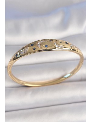 Pirinç Gold Renk Zirkon Taşlı Hilal Işleme Mavi Taşlı Yıldız Detay Kadın Kelepçe