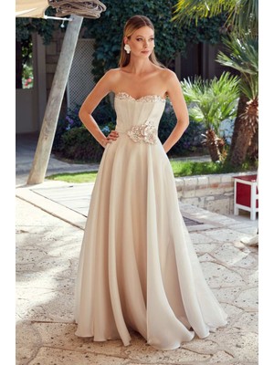 Ömür Inn Kadın Straplez Yaka Beli Korsajlı Kloş Uzun Abiye Elbise 0554 Şampanya