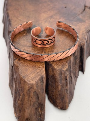 Ayarlanabilir %100 Saf Bakır Bileklik Bakır Yüzük Kombini El Yapımı Bileklik Yüzük