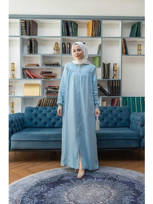 6470-TAŞLI Tensel Fermuarlı  Ferace Mavi