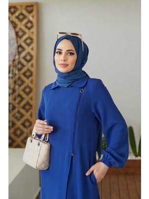 6541-KREP Yan Fermuarlı Ferace Saks Mavisi