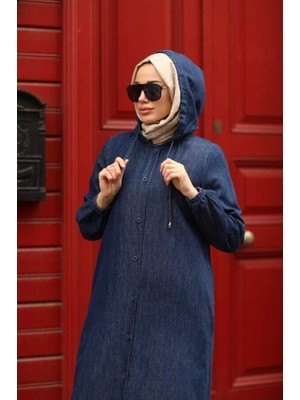 6494-DENIM Kapşonlu Düğmeli Ferace Koyu Mavi