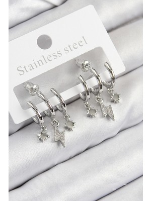 Pirinç Zirkon Taşlı Şimşek Model Gümüş Renk Kadın Küpe