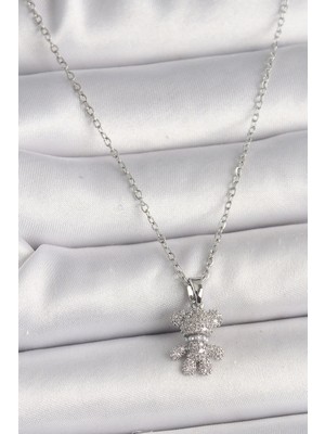 316L Çelik Gümüş Renk Zincir Zirkon Taşlı Ayıcık Figür Kadın Kolye