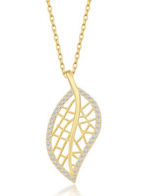 Gold Yaprak  Zirkon Taşlı 925 Ayar Gümüş Kadın Kolye
