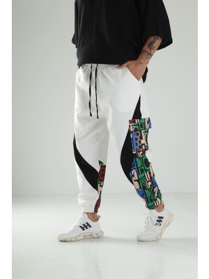 Cocopelli Erkek Beyaz Neon Desenli Gabardin Jogger Pantolon COC1294