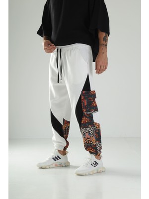 Cocopelli Erkek Beyaz Siyah Etnik Desenli Gabardin Jogger Pantolon COC1293