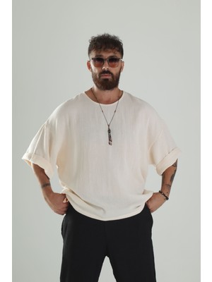 Cocopelli Erkek Bej Müslin Kumaş Oversize T-Shirt COC1298