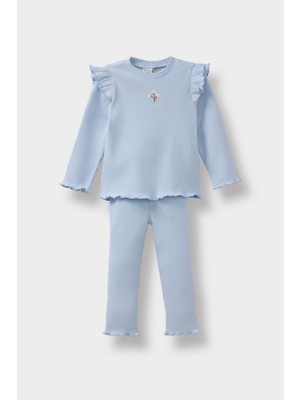 DeFacto Kız Bebek 2'li Takım Çiçekli Uzun Kollu Fitilli Kaşkorse Tişört Tayt Y1122A225AU