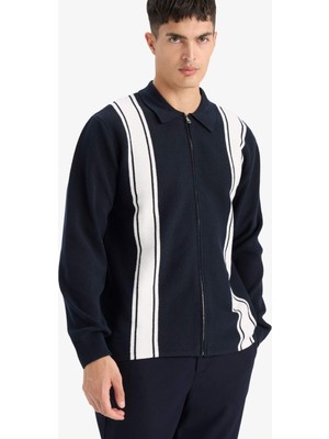 DeFacto Standart Fit Polo Yaka Fermuarlı Çizgili Triko Hırka F4981AX25AU