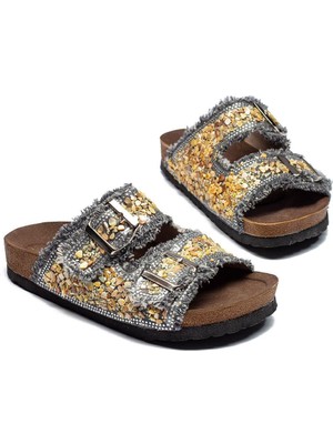 Kadın Çift Tokalı Kot Deri Taşlı Rahat Kalıp Ortopedik Terlik