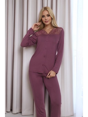 Kadın Viskon Önü Düğmeli Pijama Takım C840-243