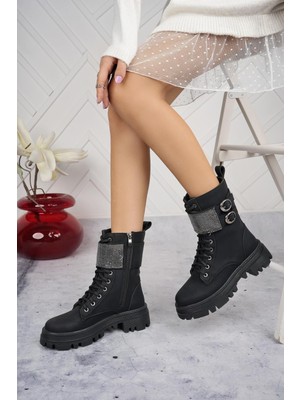 Kadın Taş Detaylı Tokalı Fermuarlı Kaymaz Taban Postal Bot