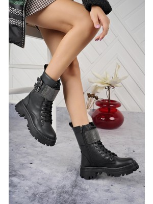 Kadın Taş Detaylı Tokalı Fermuarlı Kaymaz Taban Postal Bot