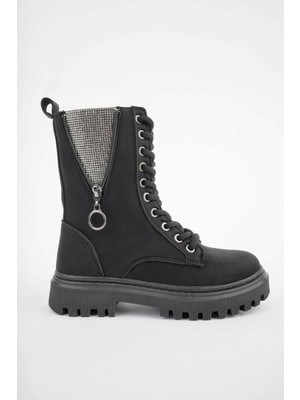 Kız Çocuk Cilt Taş Fermuar Detaylı Fermuarlı Kaymaz Taban Postal Bot