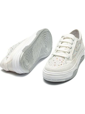 Kadın Yüksek Taban Sneaker Keten Kumaş Bağcıklı Spor Ayakkabı Hesna