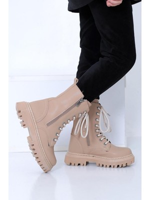 Kız Çocuk Bej Yanı Fermuar Detaylı Bağcıklı ve Fermuarlı Bot