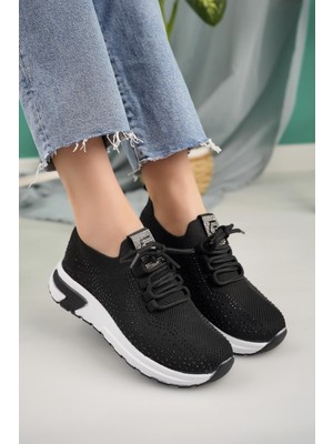 Kadın Bağcıklı Taşlı Triko Rahat Kadın Sneaker