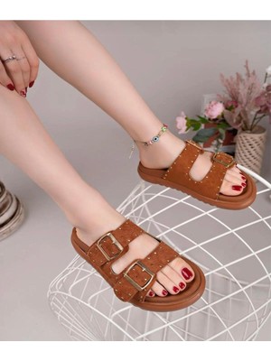 Kadın Süet Çift Bantlı Troplu Konforlu Ortopedik Taban Terlik