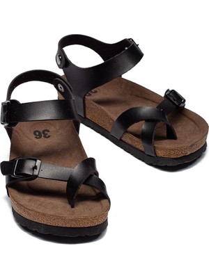 Kadın Deri Günlük Sandalet Çift Bantlı Terlik Eva Taban Poli Ortopedik