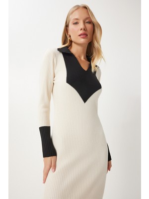 Kontrast Polo Yaka Triko Elbise LJG0001 Ekru