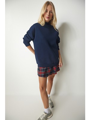 Dik Yaka Basic Şardonlu Sweatshirt LUB0039 Lacivert