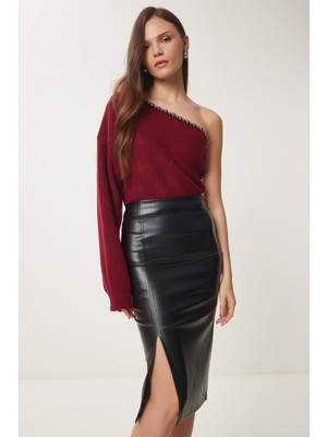 Yırtmaçlı Suni Deri Kalem Etek LGP0009 Siyah