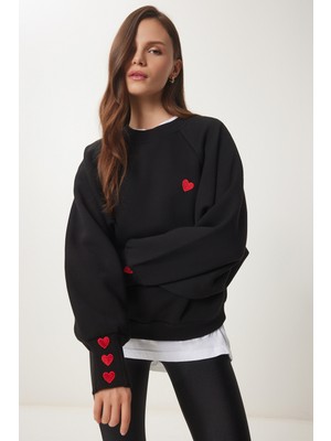 Kalp Nakışlı Şardonlu Örme Sweatshirt LMP0005 Siyah