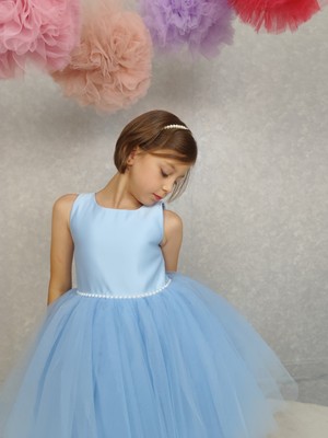 Kız Çocuk Ada Model Abiye Bebe Mavi Bel Incili Elbise