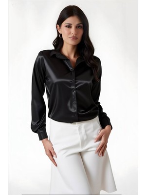 Hazelin Kadın Siyah Hafif Dökümlü Saten Yüzeyli Gömlek HZL22W-BD139641