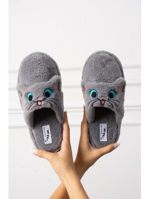 Kedi Figürlü Kadın Ev Terliği Yumuşak Peluş Kaymaz Taban