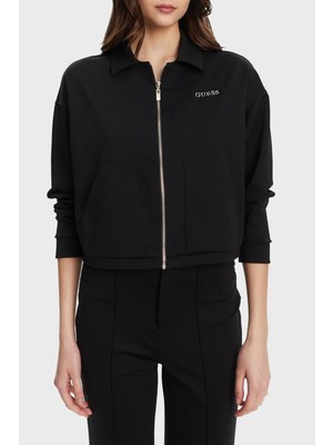 Guess Carla Logolu Regular Fit Klasik Yaka Crop Ceket V5YL08KCX42 Bayan Ceket V5YL08 KCX42 Jblk