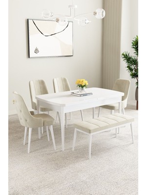 Clara Beyaz 80X132 Açılabilir Mdf Masa Yemek Odası Takımı,mutfak Takımı 4 Sandalye 1 Bench