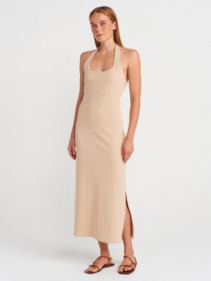 91510 Halter Yaka Midi Elbise-Açık Bej