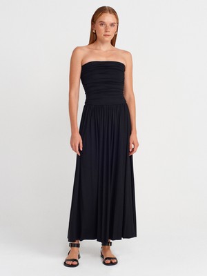 91496 Straplez Büzgülü Elbise-Siyah