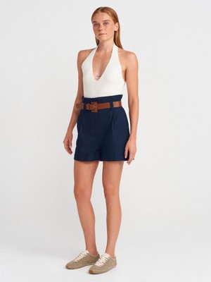 72138 Beli Lastikli Kemerli Şort-Lacivert