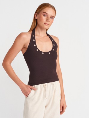21162 Halter Yaka Top-Koyu Kahve