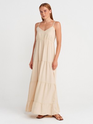 90573 Büzgülü Uzun Denim Elbise-Taş