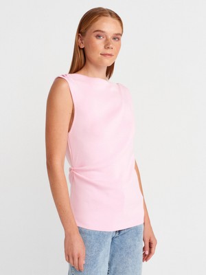 10778 Kayık Yaka Drapeli Ince Triko Bluz-Pembe