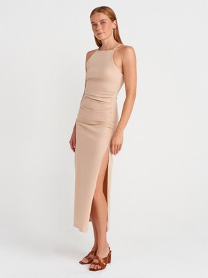 91502 Halter Yaka Midi Elbise-Bej