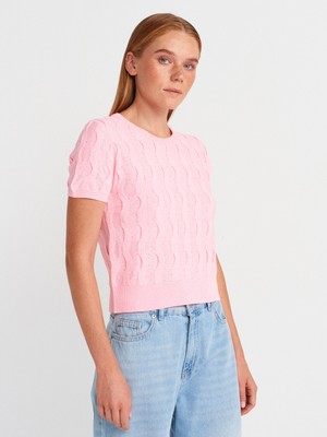 10788 Bisiklet Yaka Dokulu Triko Bluz-Pembe