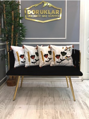 Doruklar Home Collection Nakışlı Püsküllü Dekoratif Kırlent Kılıfı Takımı (4 Parça - 43x43 cm) NKK003