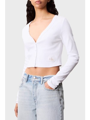 Calvin Klein Pamuklu Fitted Fit V Yaka Fitilli Kısa Hırka LV047C204GYAA Bayan Hırka LV047C204G Yaa