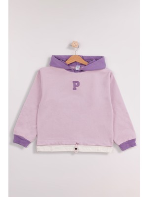  Kız Çocuk Orta Kalınlıkta P Nakışlı Kapşonlu Sweatshirt